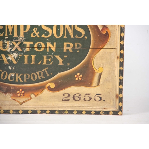 664 - AN EARLY 20TH CENTURY PAINTED AND GILT WOODEN SHOP SIGN with moulded frame reading in gold letters 