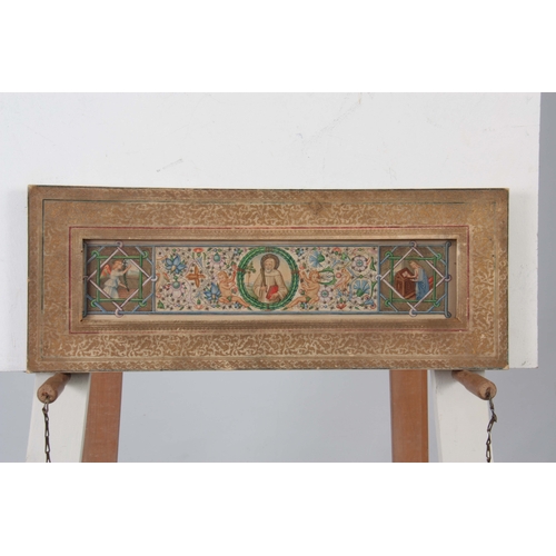 666 - A 19TH CENTURY ILLUMINATED PANEL with figural and floral decoration 8.5cms by 39.5cms in gilt emboss... 