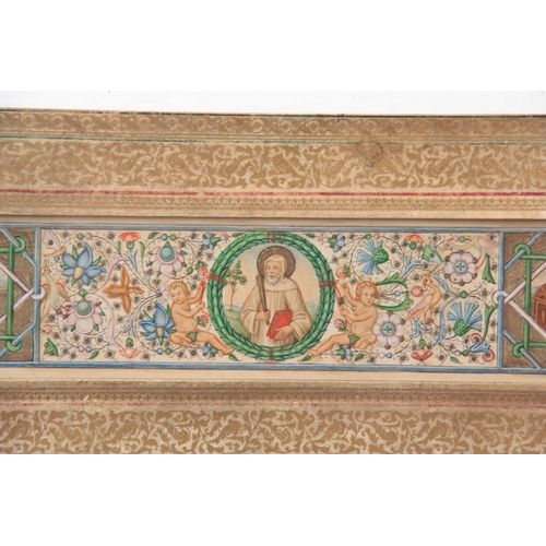 666 - A 19TH CENTURY ILLUMINATED PANEL with figural and floral decoration 8.5cms by 39.5cms in gilt emboss... 