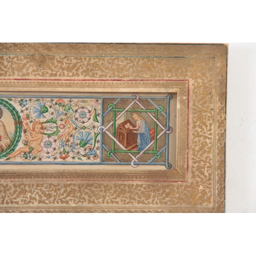 666 - A 19TH CENTURY ILLUMINATED PANEL with figural and floral decoration 8.5cms by 39.5cms in gilt emboss... 