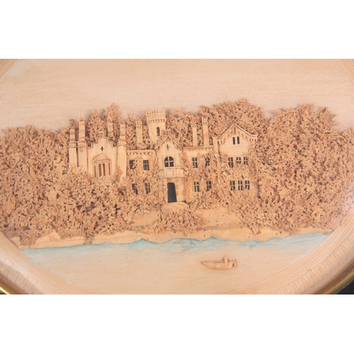 668 - A PAIR OF 19th CENTURY CORK DIORAMA of a coastal castle and a country house in a woodland setting in... 