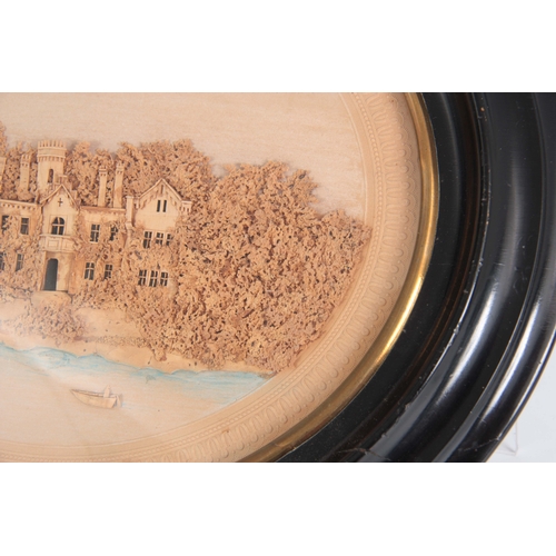 668 - A PAIR OF 19th CENTURY CORK DIORAMA of a coastal castle and a country house in a woodland setting in... 