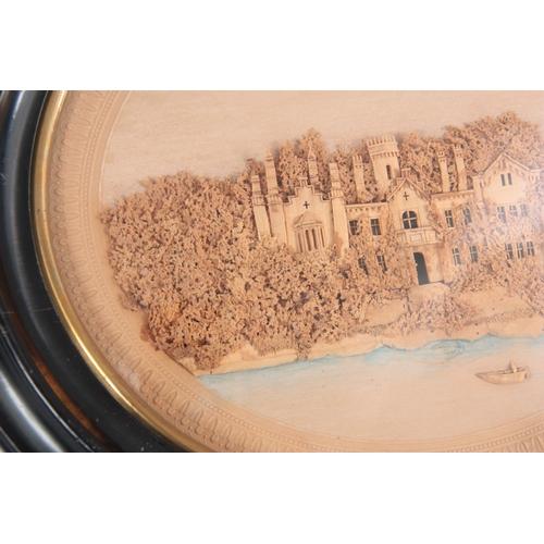 668 - A PAIR OF 19th CENTURY CORK DIORAMA of a coastal castle and a country house in a woodland setting in... 