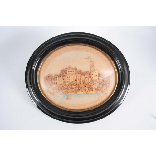 668 - A PAIR OF 19th CENTURY CORK DIORAMA of a coastal castle and a country house in a woodland setting in... 