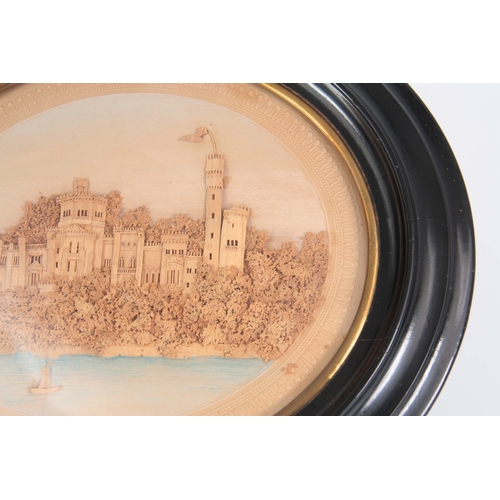 668 - A PAIR OF 19th CENTURY CORK DIORAMA of a coastal castle and a country house in a woodland setting in... 