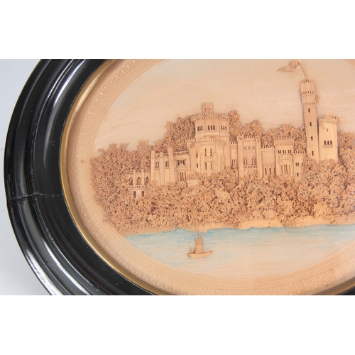 668 - A PAIR OF 19th CENTURY CORK DIORAMA of a coastal castle and a country house in a woodland setting in... 