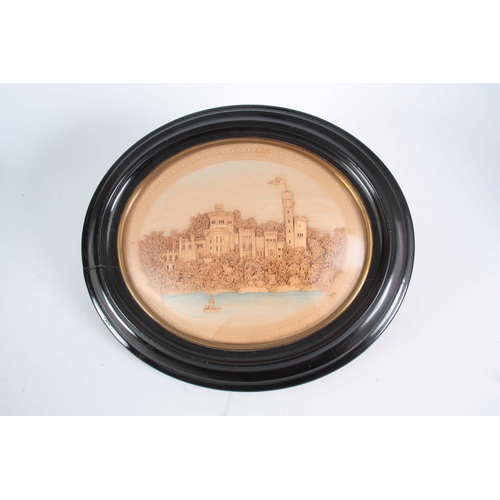 668 - A PAIR OF 19th CENTURY CORK DIORAMA of a coastal castle and a country house in a woodland setting in... 