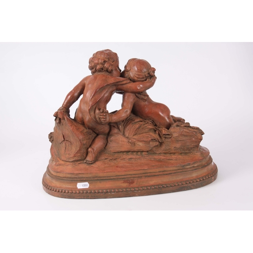 675 - A 19th CENTURY TERRACOTTA FIGURE GROUP modelled as putti on oval plinth with beaded edge 39cm wide -... 