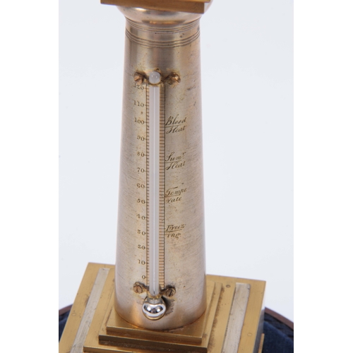 677 - A LATE 19th CENTURY SILVERED AND GILT BRONZE THERMOMETER UNDER DOME the tapered pillar surmounted by... 