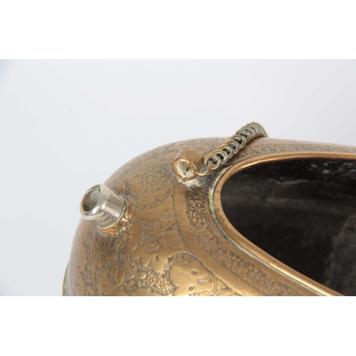 679 - A 19TH CENTURY ISLAMIC BRASS DERVISH BEGGING BOWL with embossed decoration and suspension chain 9cm ... 