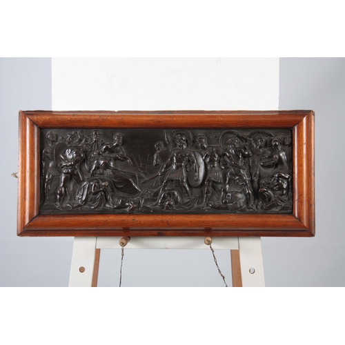 681 - A 19TH CENTURY ELKINGTON BRONZED COPPER PANEL embossed in high relief with a battle scene from ancie... 