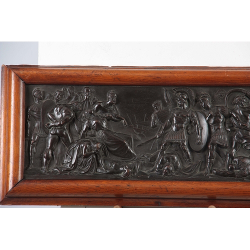 681 - A 19TH CENTURY ELKINGTON BRONZED COPPER PANEL embossed in high relief with a battle scene from ancie... 