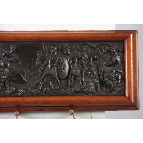 681 - A 19TH CENTURY ELKINGTON BRONZED COPPER PANEL embossed in high relief with a battle scene from ancie... 