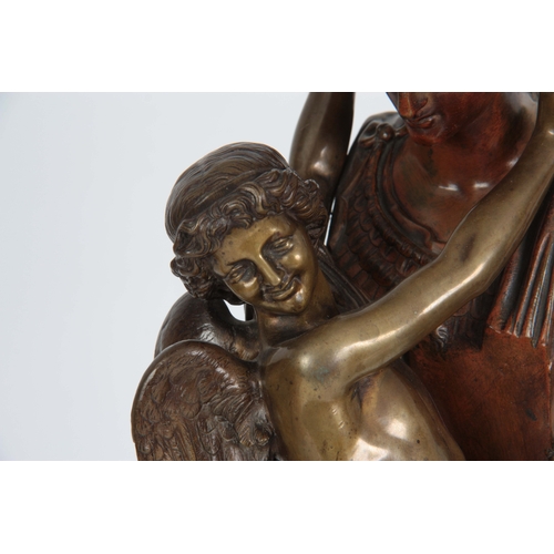 692 - FELIX SANZELA. A TWO TONE PATINATED BRONZE SCULPTURE modelled as Cupid blindfolding Minerva, 45cm hi... 