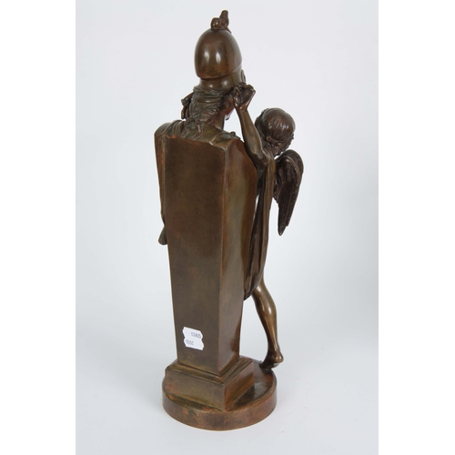 692 - FELIX SANZELA. A TWO TONE PATINATED BRONZE SCULPTURE modelled as Cupid blindfolding Minerva, 45cm hi... 