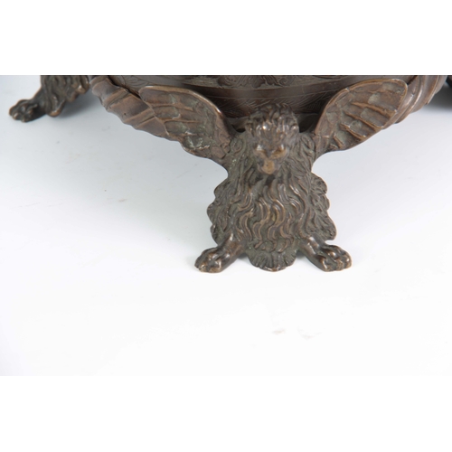 694 - A LATE 19th CENTURY FRENCH BRONZE JARDINIERE ON STAND the body having engraved scroll-work decoratio... 