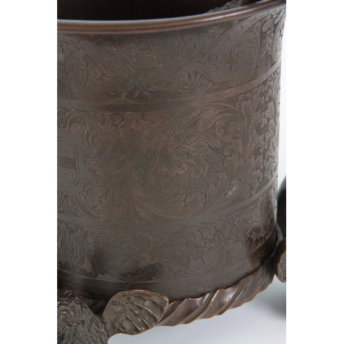 694 - A LATE 19th CENTURY FRENCH BRONZE JARDINIERE ON STAND the body having engraved scroll-work decoratio... 