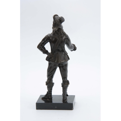 699 - A LATE 19th CENTURY PATINATED BRONZE FIGURE modelled as a standing cavalier mounted on black marble ... 