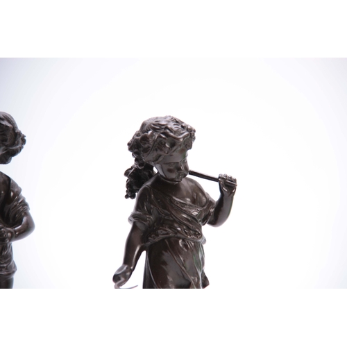 708 - A PAIR OF 19TH CENTURY BRONZE FIGURES OF CHILDREN both depicted standing, one holding a sickle the o... 