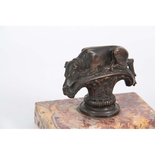 711 - A 19TH CENTURY FIGURAL BRONZE PAPERWEIGHT MODELLED AS A SLEEPING HOUND lying on an acanthus leaf col... 