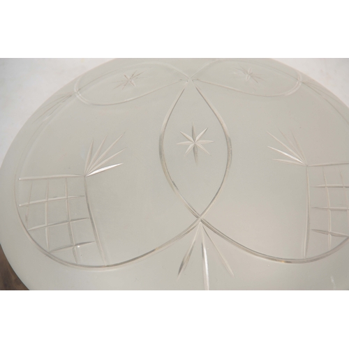 721 - A 20TH CENTURY FROSTED CUT GLASS LIGHT FITTING WITH A MOULDED BRASS RIM - 44cm diameter