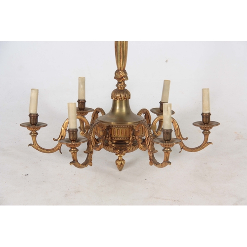 724 - A 20TH CENTURY GILT BRASS HANGING CHANDELIER having a ribbon tied stem above six-leaf cast branches ... 