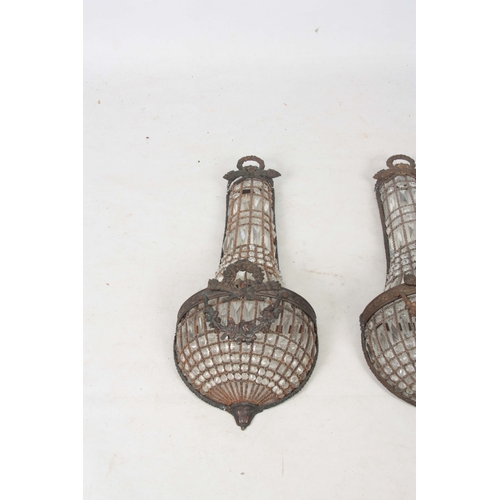 725 - A PAIR OF LATE 19TH CENTURY CONTINENTAL GILT METAL HANGING WALL LIGHTS of tapering bulbous form set ... 