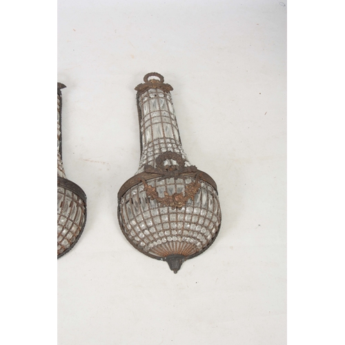 725 - A PAIR OF LATE 19TH CENTURY CONTINENTAL GILT METAL HANGING WALL LIGHTS of tapering bulbous form set ... 