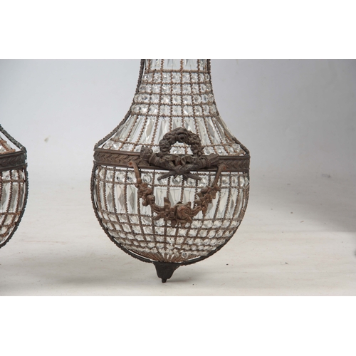 725 - A PAIR OF LATE 19TH CENTURY CONTINENTAL GILT METAL HANGING WALL LIGHTS of tapering bulbous form set ... 