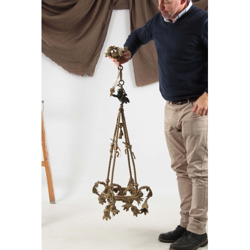 726 - AN EARLY 20th CENTURY ORMOLU AND PATINATED BRONZE CEILING LIGHT CHANDELIER with ribbon style rose ab... 