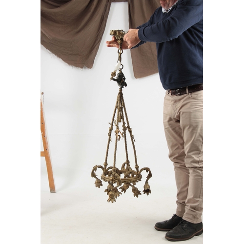 726 - AN EARLY 20th CENTURY ORMOLU AND PATINATED BRONZE CEILING LIGHT CHANDELIER with ribbon style rose ab... 