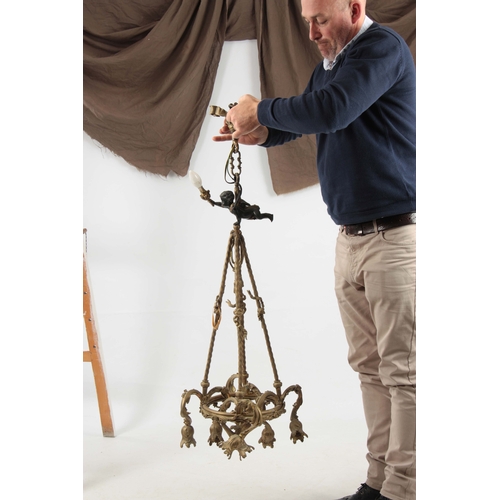 726 - AN EARLY 20th CENTURY ORMOLU AND PATINATED BRONZE CEILING LIGHT CHANDELIER with ribbon style rose ab... 