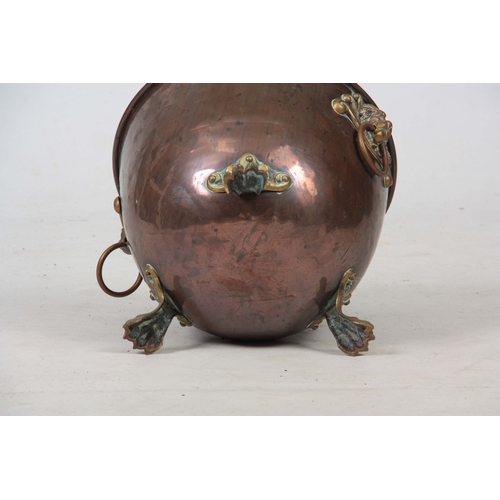 739 - A 19TH CENTURY REGENCY COPPER AND BRASS LIDDED COAL BUCKET having looped lion mask handles, lion paw... 