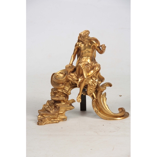 745 - A PAIR OF FRENCH 19th CENTURY ORMOLU FIGURAL CHENETS modelled as classical figures seated on rococo ... 