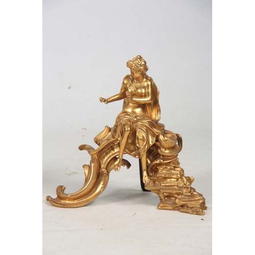 745 - A PAIR OF FRENCH 19th CENTURY ORMOLU FIGURAL CHENETS modelled as classical figures seated on rococo ... 