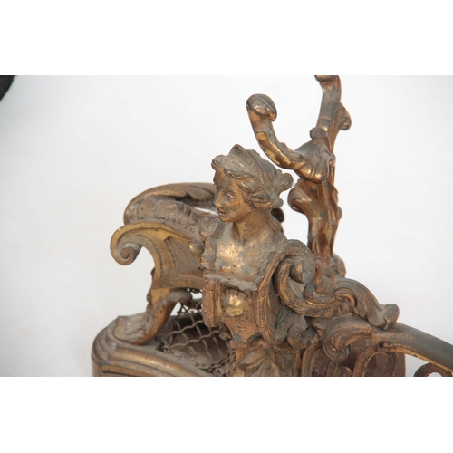 746 - A 19TH CENTURY FRENCH ROCOCO STLE GILT BRONZE SERPENTINE HEARTH FENDER with figural ends joined by a... 