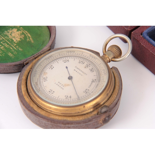 758 - ROSS, LONDON. A BRASS CASED POCKET BAROMETER with silvered calibrated dial fitted in original Morocc... 