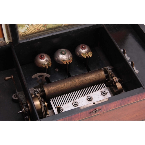 764 - A LATE 19th CENTURY SWISS CYLINDER MUSIC BOX the case with simulated rosewood and inlaid decoration,... 