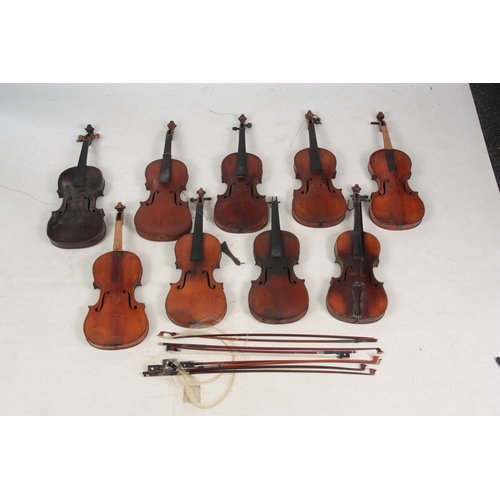 771 - A COLLECTION OF 9 VIOLINS AND 8 VIOLIN BOWS including a branded Stainer below the button, length of ... 