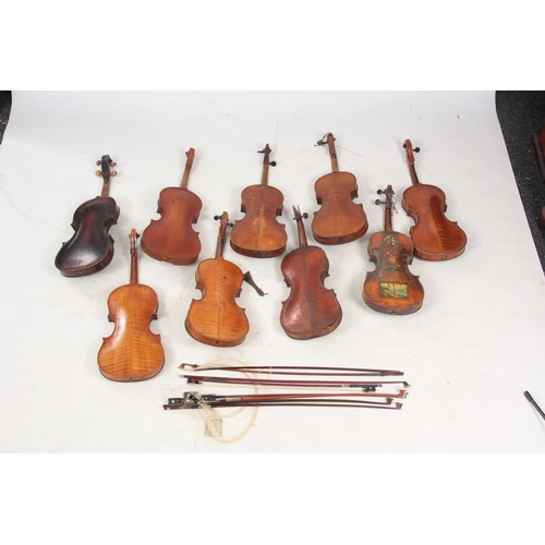 771 - A COLLECTION OF 9 VIOLINS AND 8 VIOLIN BOWS including a branded Stainer below the button, length of ... 