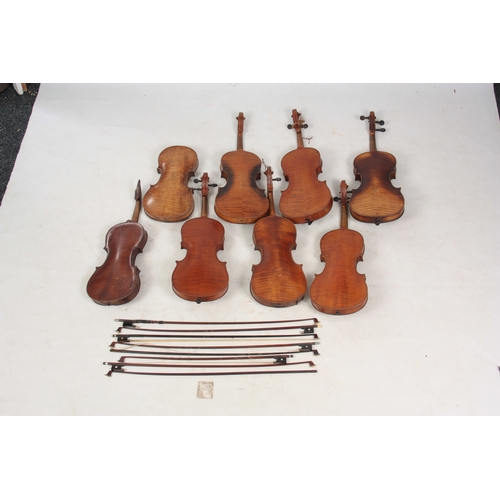 777 - A COLLECTION OF 7 VIOLINS, 8 VIOLIN BOWS AND 1 VIOLIN BODY, the violin body being an interesting, ea... 