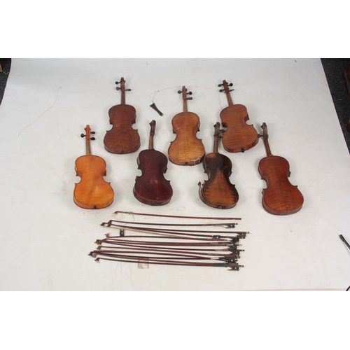 778 - A COLLECTION OF 10 VIOLINS, VIOLIN PARTS AND 8 BOWS including an interesting early violin and an Eng... 