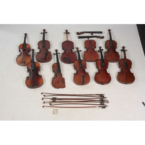 778 - A COLLECTION OF 10 VIOLINS, VIOLIN PARTS AND 8 BOWS including an interesting early violin and an Eng... 