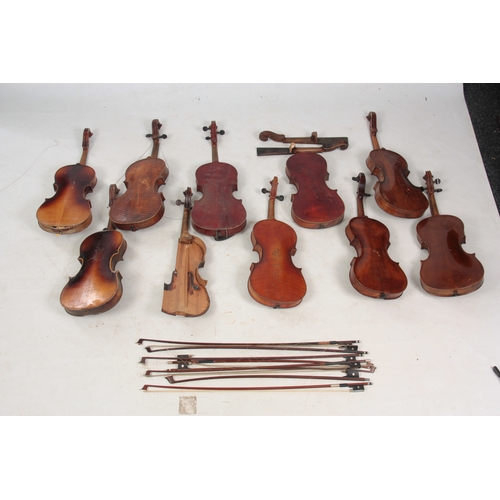 778 - A COLLECTION OF 10 VIOLINS, VIOLIN PARTS AND 8 BOWS including an interesting early violin and an Eng... 