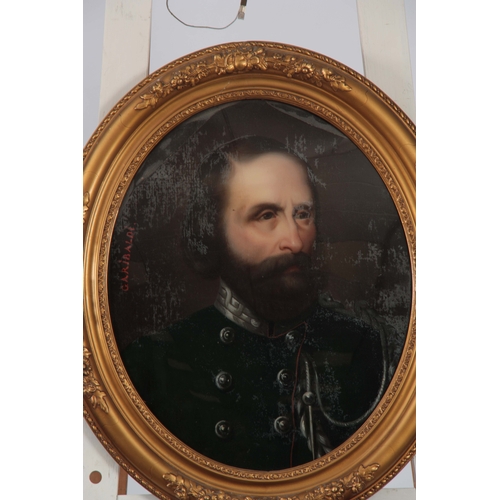 787 - A 19TH CENTURY OIL ON CANVAS ATTACHED TO CONVEX GLASS OF GARIBALDI 44cm high 36cm wide - in an oval ... 