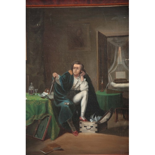 805 - 19TH CENTURY OIL ON CANVAS. Interior scene with seated portrait of a gentleman 60cm high, 50cm wide ... 