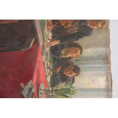 807 - AN EARLY 20TH CENTURY RUSSIAN SCHOOL OIL ON CANVAS - interior scene with students and a Russian sold... 