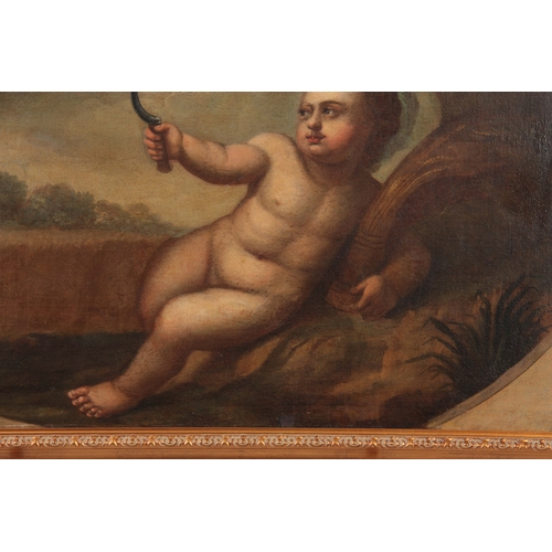 816 - AN 18TH CENTURY FLEMISH SCHOOL OIL ON CANVAS - Allegorical figure of summer as a putti with a sickle... 