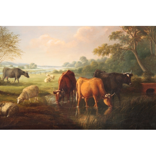 817 - A 19TH CENTURY OIL ON CANVAS DEPICTING CATTLE WATERING IN A LANDSCAPE SETTING signed and in the circ... 