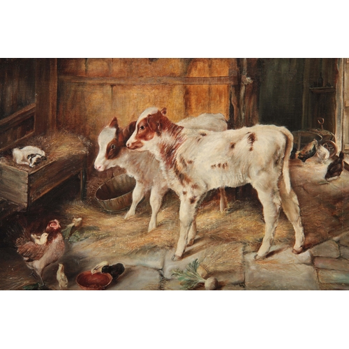 818 - A 20TH CENTURY OIL ON BOARD FARMYARD SCENE DEPICTING SCENE OF CALVES AND CHICKENS - 52cm high 74cm w... 